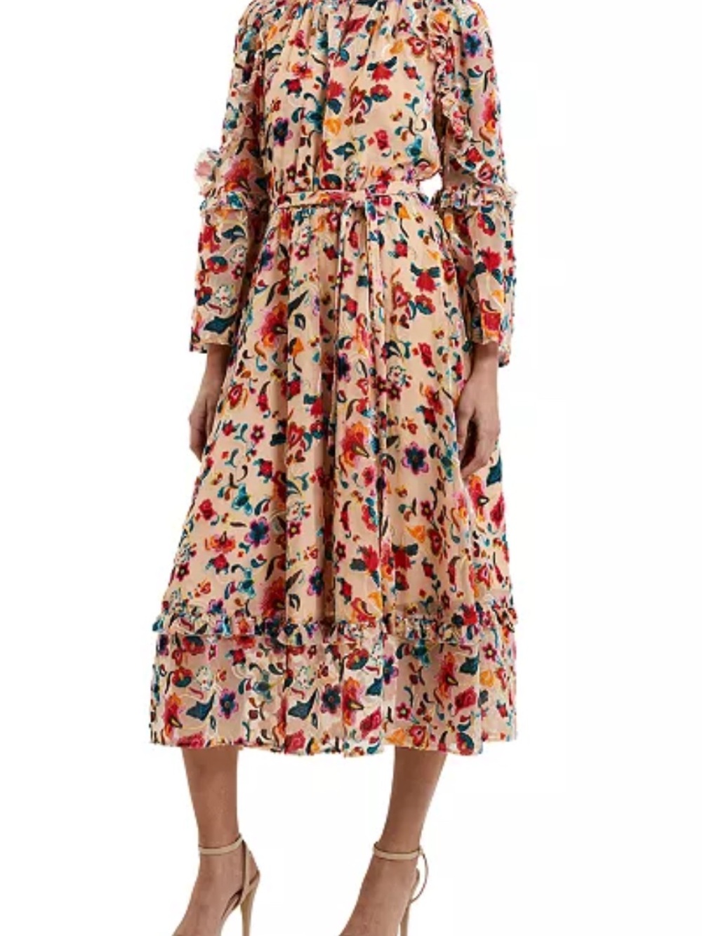 French Connection Beige Floral Midi Dress with Multicolor Print